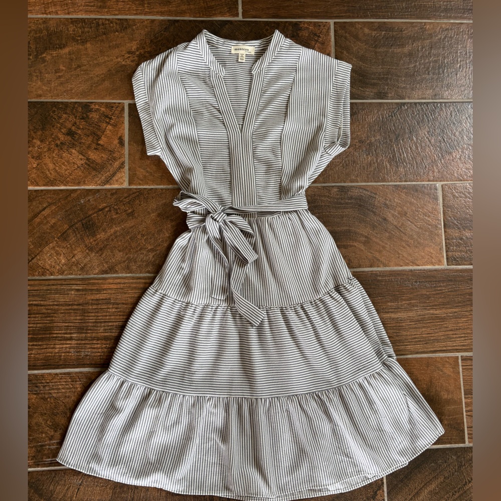 Monteau Striped Tie Waist Dress Womens XS